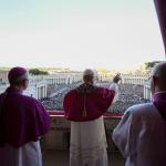 Newly elected Pope Leo XIV, Robert Prevost, waving at the crowd on the main central loggia balcony overlooking St. Peter's Square on May 08, 2025 in Vatican City, Vatican. 