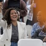 Sade Elhawary, left, cheers during her campaign kickoff for 2024 for California Assembly District 57