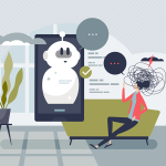Chatbots in psychotherapy concept with person sitting on green couch with mental state represented by scribble typing to bot on screen replying via text.