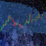 Map of U.S rendered in blue with financial candlestick chart overlaid on top illustrating concept of state economies.