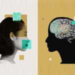 Custom illustration showing a collage of a young woman's side profile and opposite a figure showing the brain.