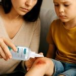 A mother tends to her son's knee wound by with drops of a Dimora wound cleanser.