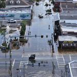 Aerial view of flood waters on the main street after Hurricane Helene passed offshore on September 27, 2024 in Crystal River, Florida. 