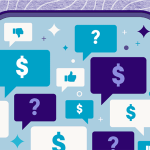 Custom illustration showing a smartphone screen and several chat bubbles showing dollar or thumbs up/down signs.