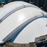 Workers install a new roof on the Rogers Centre, home of the Toronto Blue Jays baseball team.