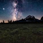 View of nighttime sky and stars from Grand Teton National Park near Jackson Hole, Wyoming.
