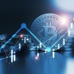 Concept of bitcoin value fluctuations illustrated by image of chart trending prices going up and down overlaid on a bitcoin illustration.