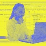 Illustration showing person using laptop with personal information in the background symbolizing the threat of private data at risk of being shared.