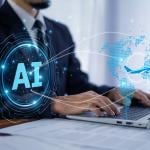 Concept graphics of technology and AI over a background of a legal professional using a laptop.