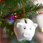 Piggy bank ornament on a Christmas tree.
