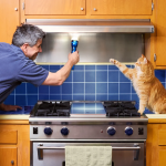A home owner inspecting the kitchen range hood and a cat is beside the stove.