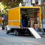 A moving truck parked on a residential street in Sunnyvale, California.