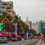 A sunset view of Ocean Drive in South Beach in Miami, Florida.