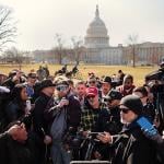 Members of the far-right group the Proud Boys, including their former leader Enrique Tarrio, Stewart Rhodes, Joe Biggs, Ethan Nordean and Zach Rehl speak to journalists on the east side of the U.S. Capitol, Feb. 2025.