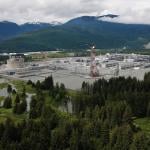 Aerial view of the LNG Canada site in Kitimat, B.C. with gas flare visible on June 26, 2025    