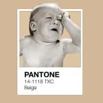 Illustration of crying baby above the pantone color card for beige, ona beige background.