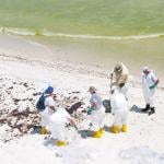 A group of BP oil workers attempt to clean sand spilled with oil in Pensacola Beach, Florida.