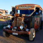 A school bus from 1939 converted into a Texas-style RV in Amarillo, Texas.