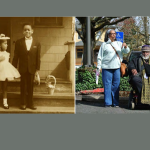 Elizabeth Fouther-Branch and Bobby Fouther stand in front of their great-aunt’s house in 1956 (left) and in a parking lot near where the house used to stand in 2020 (right).