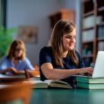 A visually impaired young woman studying in a university library.