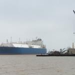 An LNG tanker makes its way into Cameron Pass, Louisiana.