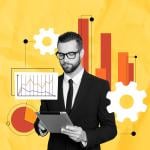 Collage of a finance businessman using a tablet illustrated with finance and analytics graphics.