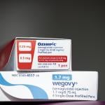 Stack of Ozempic box on top of Wegovy medications are seen at Children's Hospital in Aurora, CO November 2024.
