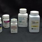Bottles of antidepressant pills. From left to right: Wellbutrin, Paxil, Lexapro, Effexor, Zoloft, and Fluoxetine.