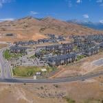 Aerial view of homes by the mountains in Lehi, Utah.
