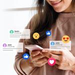 A young woman on her phone illustrated with social media icons and graphics.