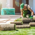 A lawn care professional installing new grass at a home.