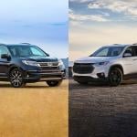 Composite image of a dark Honda Pilot and white Chevrolet Traverse facing each other parked on dirt.