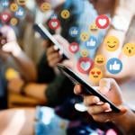 People using their phones on public transport illustrated with social media graphics.