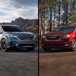 Composite image of 2024 minivans with blue Kia Carnival on the left and Red Chrysler Pacifica on the right, parked outside in nature.