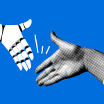 Collage on blue background of handshake between human and robot hands.