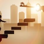 Illustration of a businesswoman walking up stairs to reach a figure of a house key.