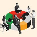 Collage of a group of employees sitting on a roundtable that looks like a pie chart.