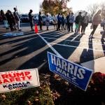 A long line of voters waits to vote during the 2024 U.S. Election at the Harrisburg First Assembly of God polling place in Harrisburg, Pennsylvania.