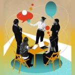 A collage-style illustration of a team meeting, working together on a new project.