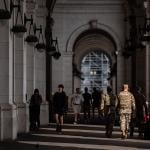 Members of the National Guard and members of Federal Law Enforcement Agencies stand outside the main hall of Union Station in Washington, D.C.
