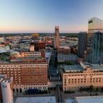 Aerial view of downtown Grand Rapids during sunset.