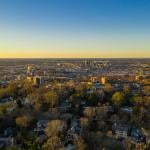 Aerial view of downtown Birmingham in Alabama during sunset.