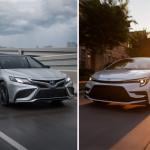 Composite photo front end view of 2024 Camry on the left and Corolla on the right.