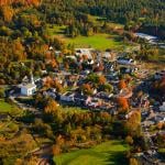 Aerial view of a rural village in Stowe, Vermont during fall.