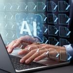 Generative AI artificial intelligence generate text document and abstract papers as symbolized by person typing on laptop icons of many docs covering the image.