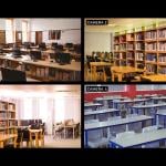 A composite view of security cameras surveilling four different areas of a school including classrooms.