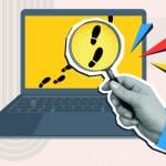 A collage style illustration of a hand holding a magnifying glass over digital footprints on a laptop screen.