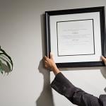 A business woman hanging a framed diploma.