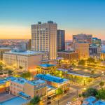 Aerial view of downtown El Paso in Texas at dusk.