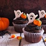Chocolate cupcakes with ghost toppers beside Halloween pumpkins.